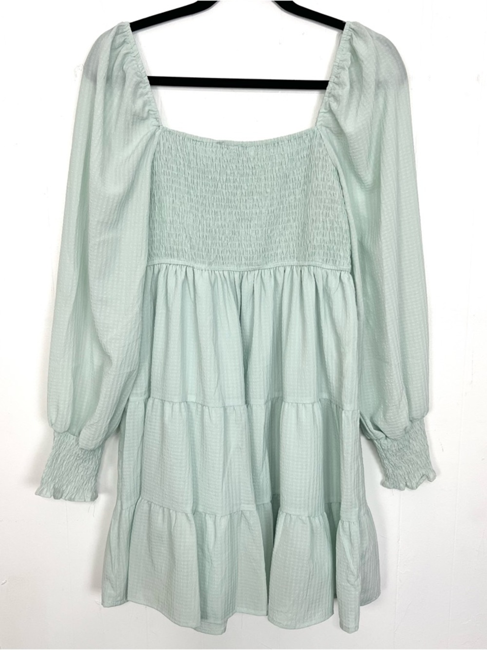 Blu Pepper Pastel Mint Green Smocked Bust Balloon Sleeve Tiered Dress Medium - Picture 3 of 3